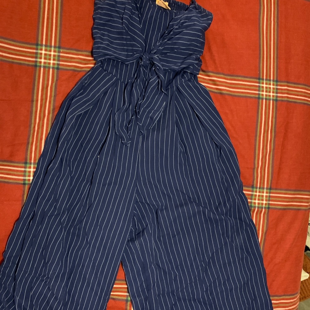 Blue pinstripe wide leg jumpsuit